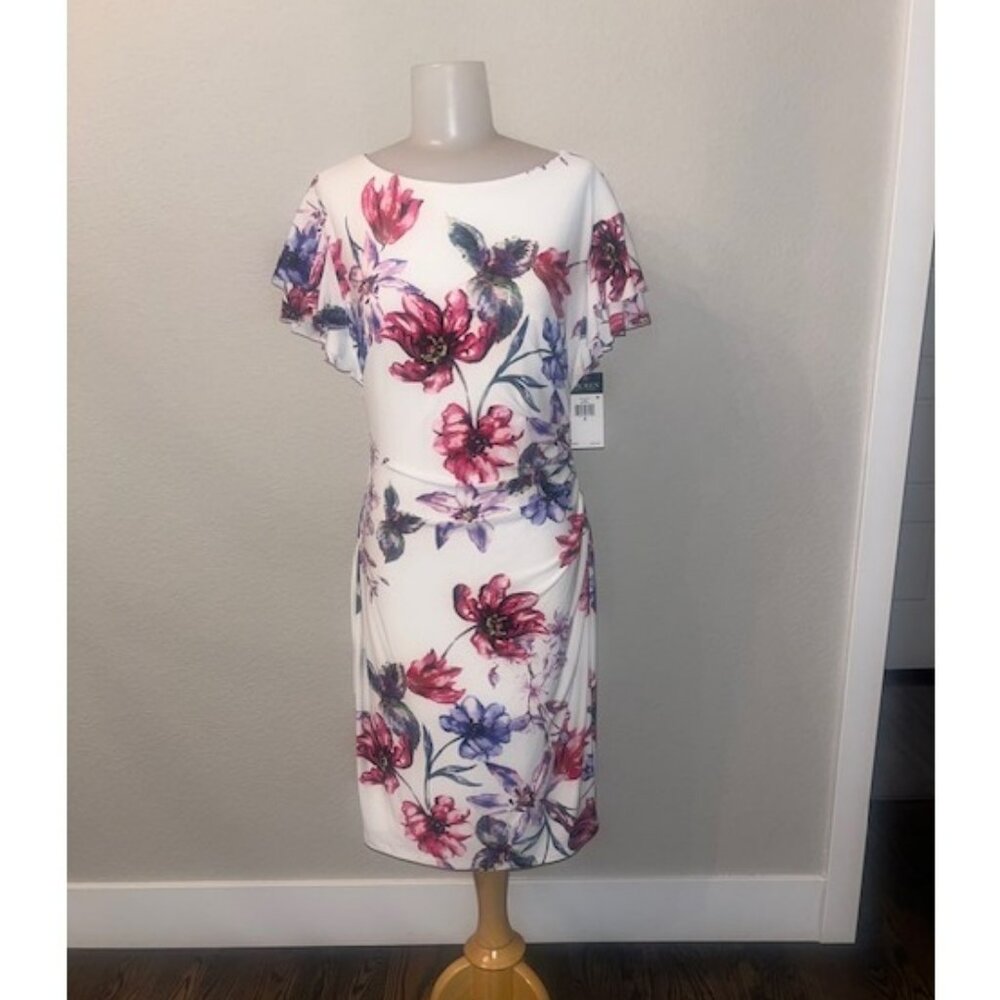 Ralph Lauren White Floral Dress Stretch with Ruffled Sleeves